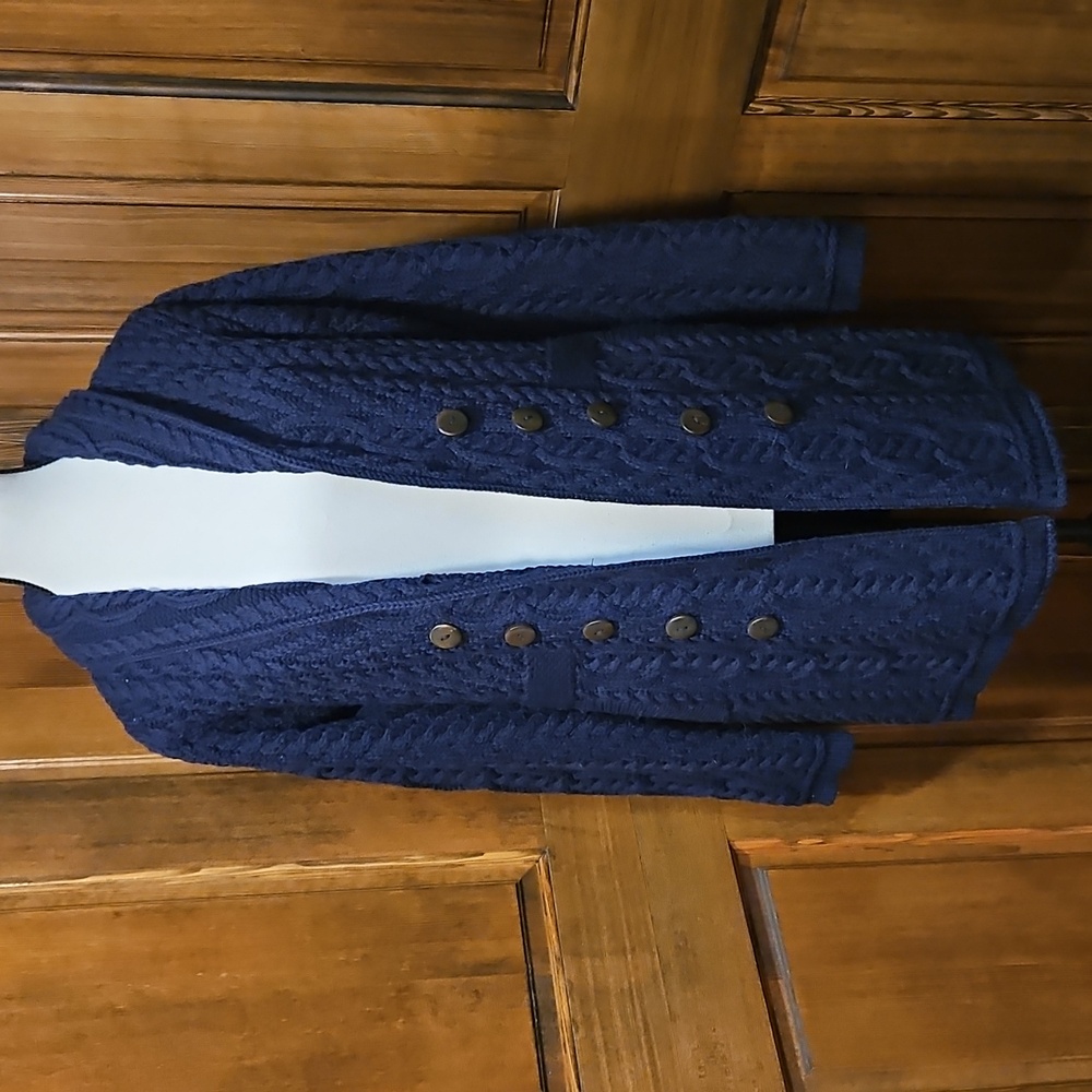Aran Crafts 100% Merino Wool Button Up Cable Knit Double Busted Dark Blue Sz XS - Picture 8 of 9